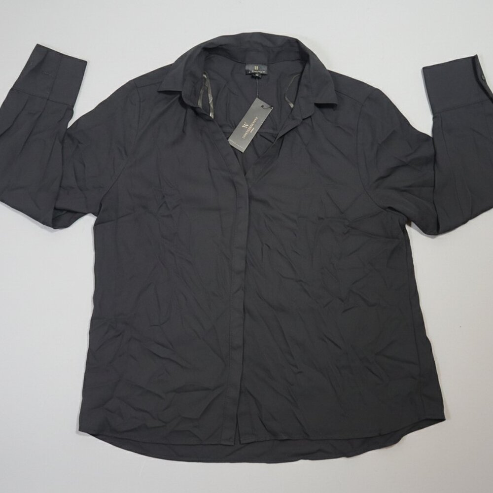 Worthington Petite V-Neck Collared Blouse NWT Black PL